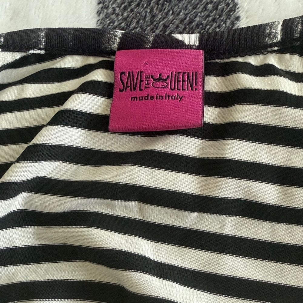 SAVE THE QUEEN Designer Black & White Striped Floral Mesh Open Shoulder Top S - Picture 7 of 13